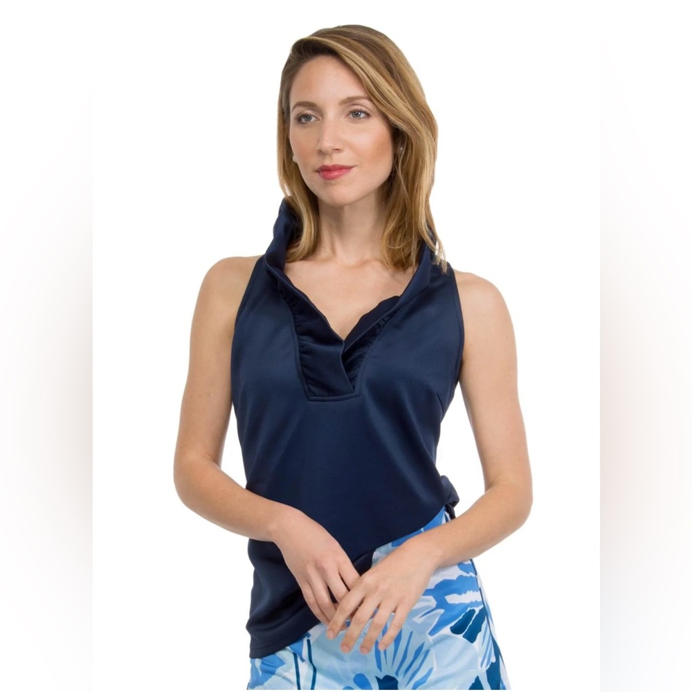 Gretchen Scott Jersey Sleeveless Ruffneck Top Navy Blue NWT